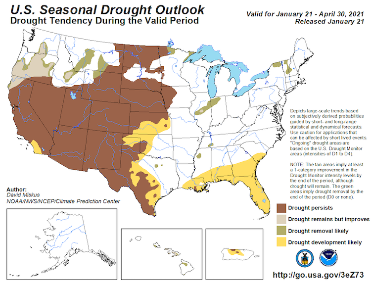 NOAA's Climate Prediction Center's Seasonal Drought Outlook is issued monthly on the third Thursday of each month, predicting whether drought will emerge, stay the same, or get better in the next three months. This map predicts that drought will remain but improve in northwest CA and that drought will develop in southwest CA through April 30. Drought conditions are expected to persist throughout Nevada.