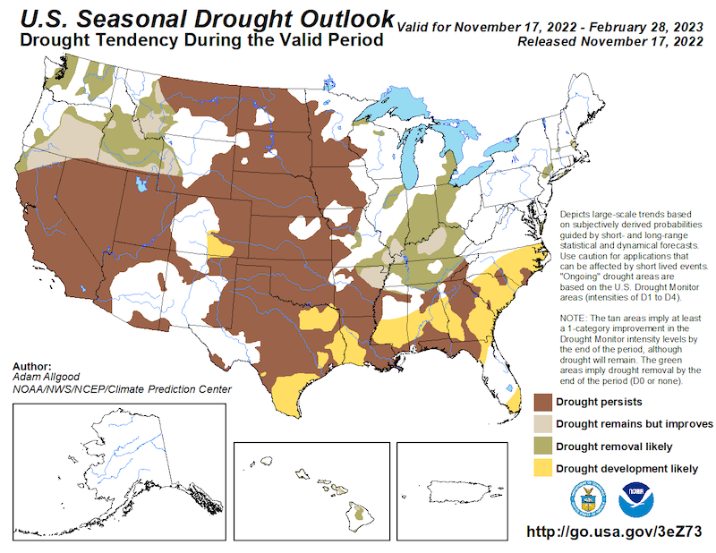 From November 17, 2022 to February 28, 2023, drought is likely to persist across much of California and Nevada, with drought improvement or removal predicted in far-northern California.