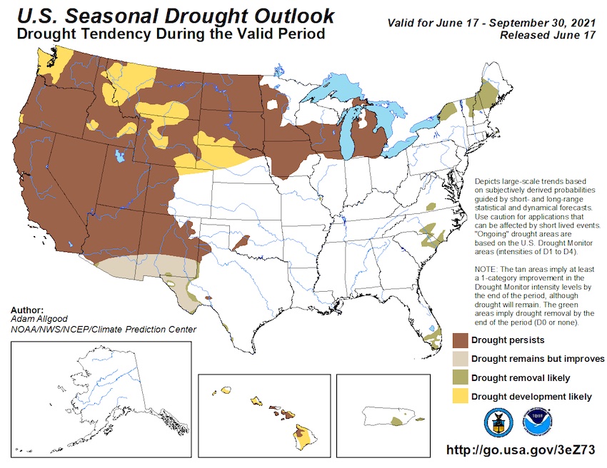 Climate Prediction Center seasonal drought outlook, showing the probability drought conditions persisting, improving, or developing from July to September 2021. Existing drought in California and Nevada is likely to persist through September.