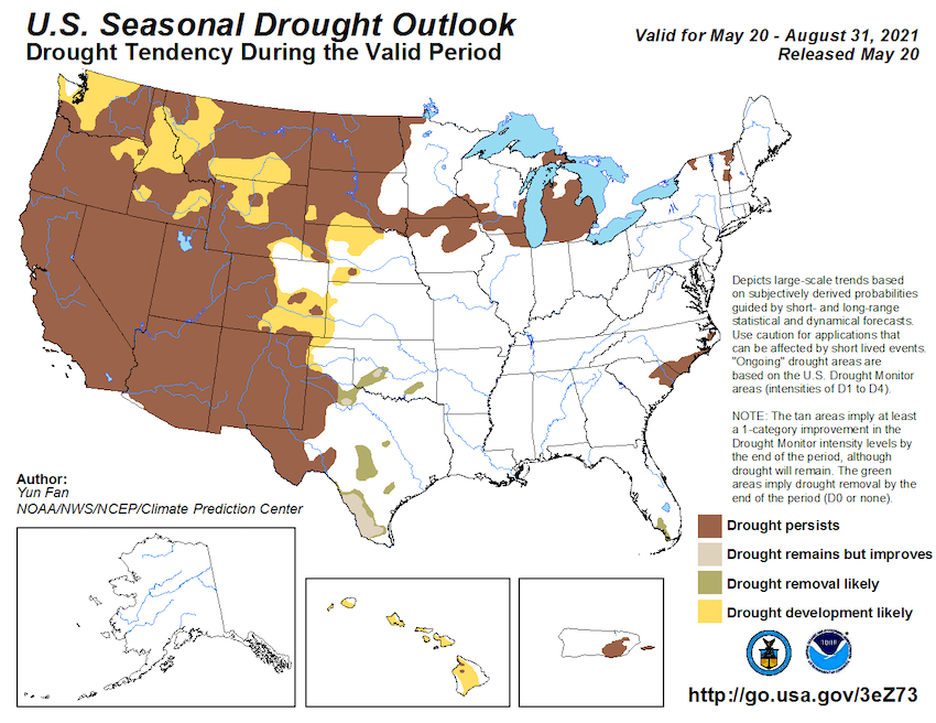 Climate Prediction Center seasonal drought outlook, showing the probability drought conditions persisting, improving, or developing from June to August 2021. Existing drought in the Midwest is likely to persist through summer.