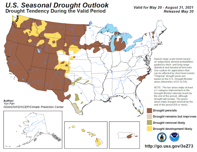 U.S. Seasonal Drought Outlook, showing the likelihood that drought will improve, worsen, or remain the same from June to August 2021. Drought is expected to persist throughout California and Nevada through August.