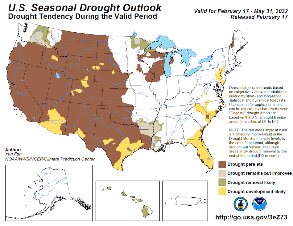 U.S. Seasonal Drought Outlook for February 17 to May 31, 2022,  showing the likelihood that drought will develop, remain, improve, or be removed. Drought is forecast to persist in California, Nevada, Oregon, and much of Idaho. Drought improvement or removal is likely for parts of Washington and northern Idaho.
