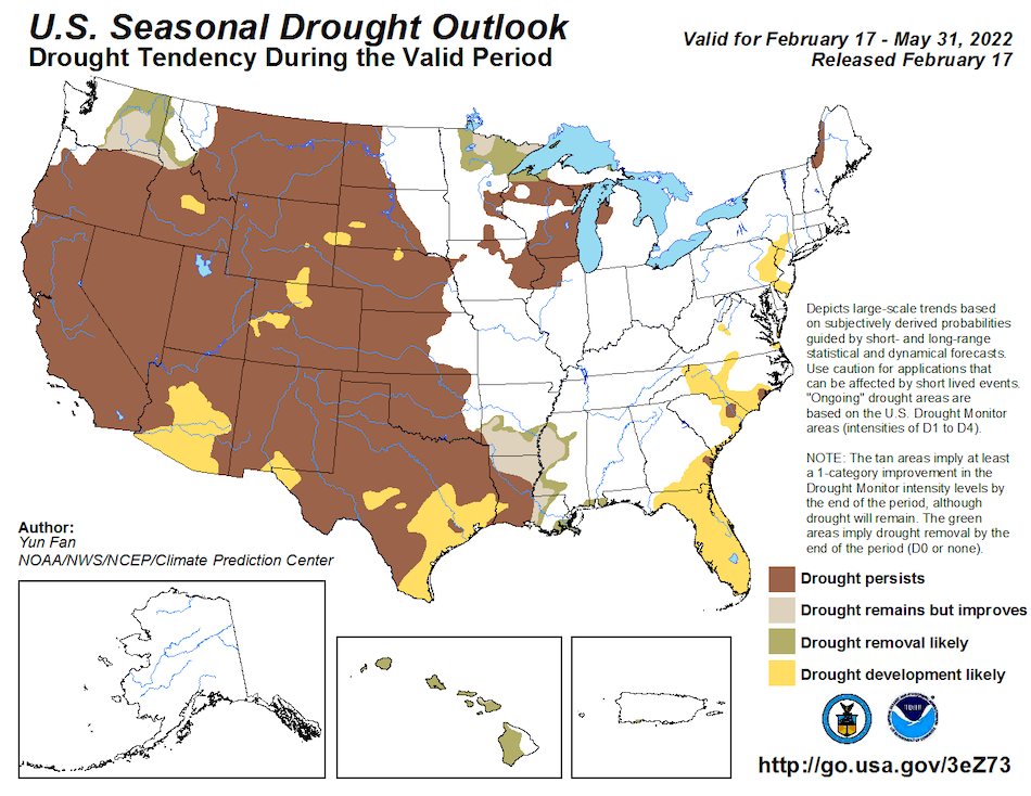 U.S. Seasonal Drought Outlook for February 17 to May 31, 2022, showing the likelihood that drought will develop, remain, improve, or be removed. Drought is forecast to persist in California, Nevada, Oregon, and much of Idaho. Drought improvement or removal is likely for parts of Washington and northern Idaho.