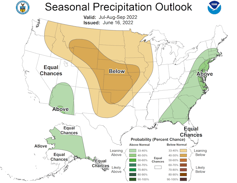 Climate Prediction Center three-month precipitation outlook for July to September 2022.  Odds favor above normal precipitation for Arizona.