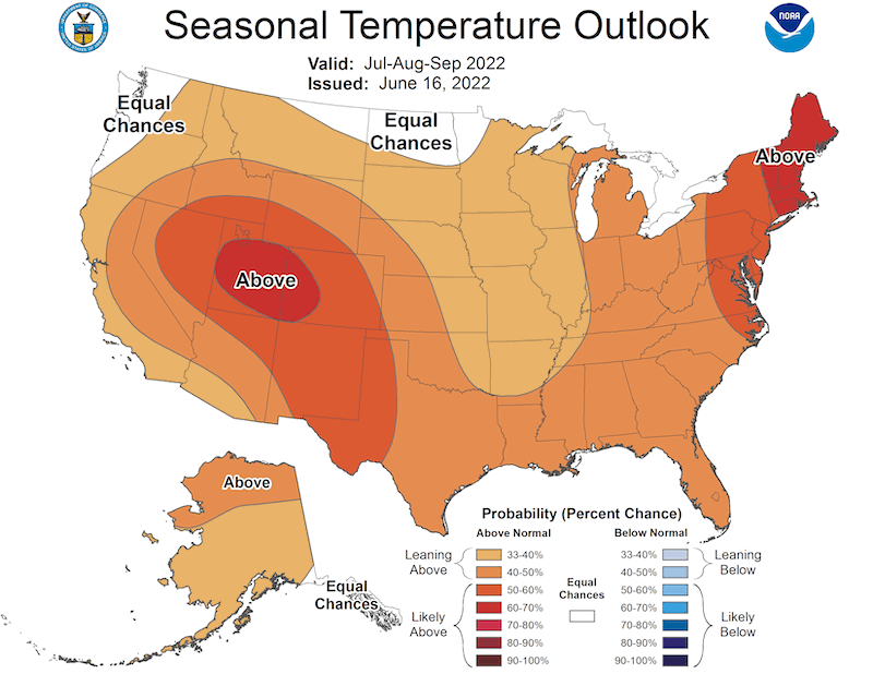 Climate Prediction Center 3-month temperature outlook, valid for July–September 2022. Odds favor above-normal temperatures for the Southern Plains states.