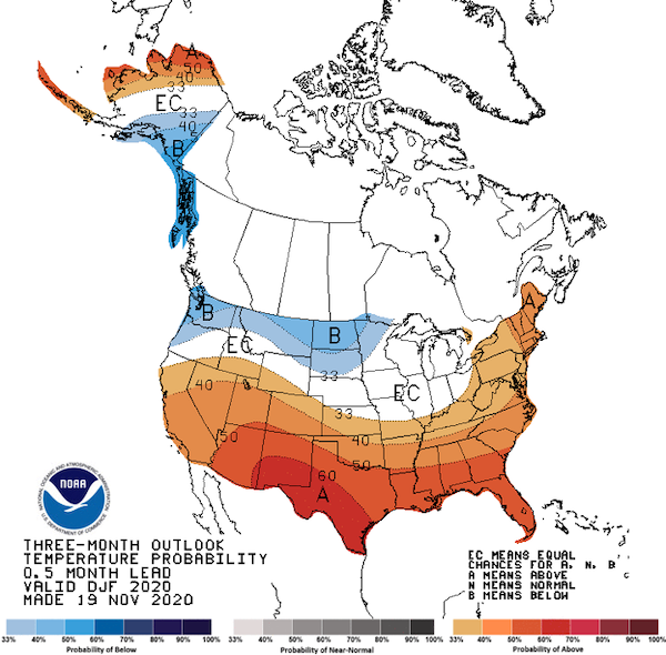 NOAA Climate Prediction Center three-month temperature outlook for the U.S.