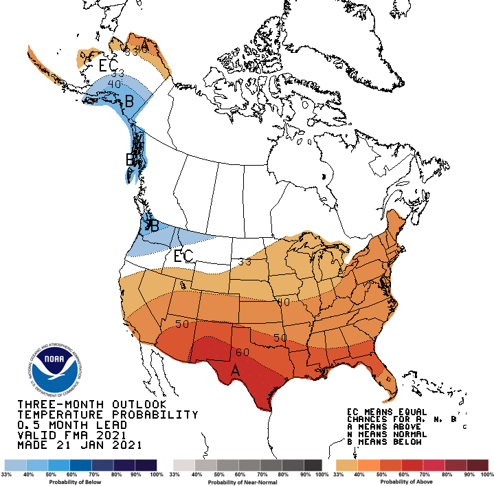 Climate Prediction Center 3-month temperature outlook, valid for February to April 2021. Above-normal temperature are predicted across the Southern Plains.