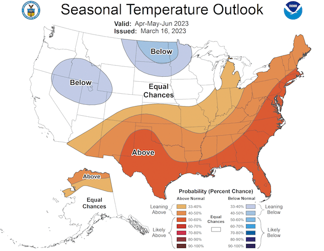 From April to June 2023, odds favor above-normal temperatures across the Southern Plains.