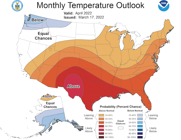 Climate Predication Center 1-month temperature outlook for April 2022. Odds favor above normal temperatures for the southern US, including the Southern Plains States.
