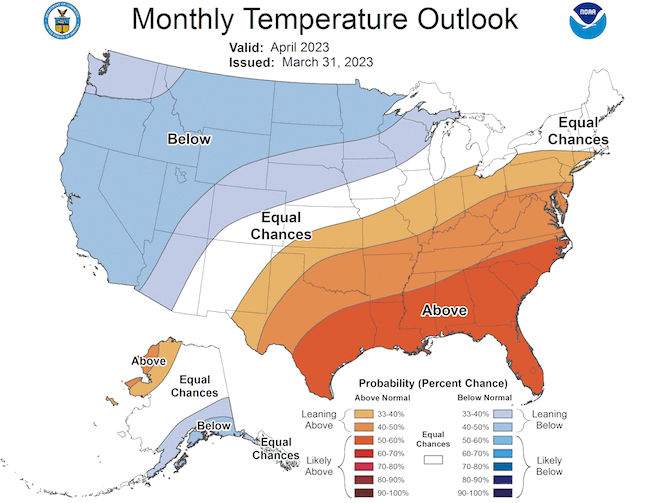 In April 2023, odds  favor above normal temperatures for the Southern Plains.