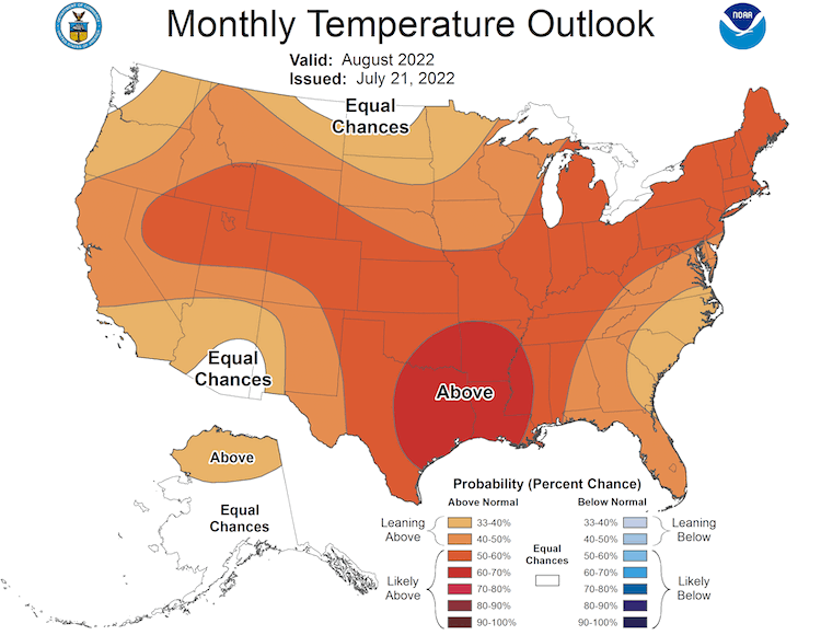 The monthly outlook for August 2022 shows an increased probability of above-normal temperatures for the Southern Plains.