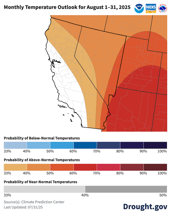 The monthly outlook for August favors above-normal temperatures for California and Nevada except at the coast.