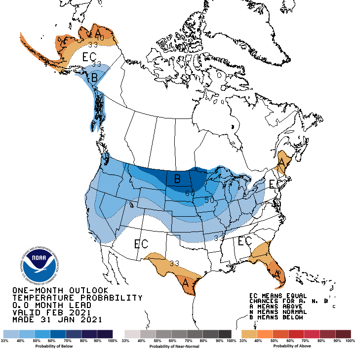Climate Prediction Center 1-month temperature outlook, valid for February 2021. Shows probability of below-normal temperatures throughout most of California and Nevada.