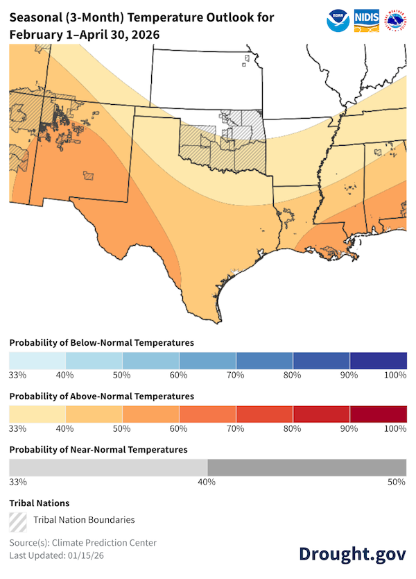 There is a 33%-60% percent chance of above-normal precipitation for Texas and southern Oklahoma with the highest odds over far west Texas. There is a near-equal chance of above or below normal temperatures for northern Oklahoma and all of Kansas.