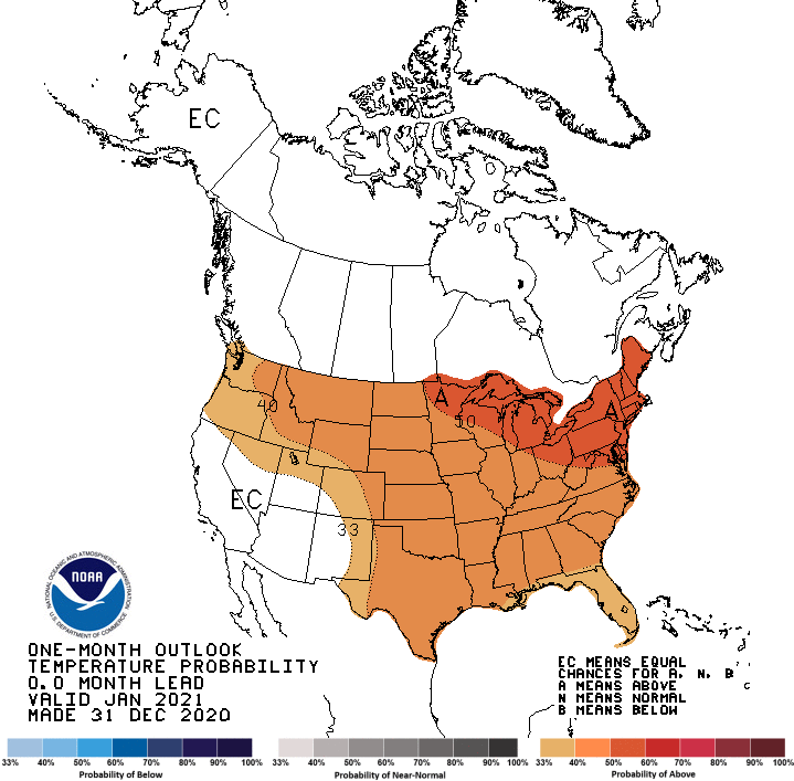 January 2021 temperature outlook for the United States. Shows equal probability of above- and below-normal temperatures across most of Nevada and California.