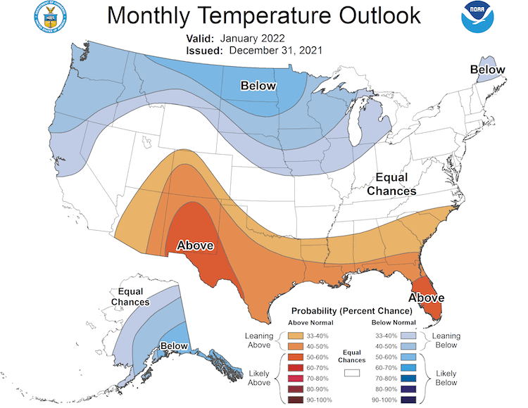 Climate Prediction Center 1-month temperature outlook for the U.S., valid for January 2022. Odds favor below-normal temperatures for northern California into northwestern Nevada, with equal chances elsewhere.