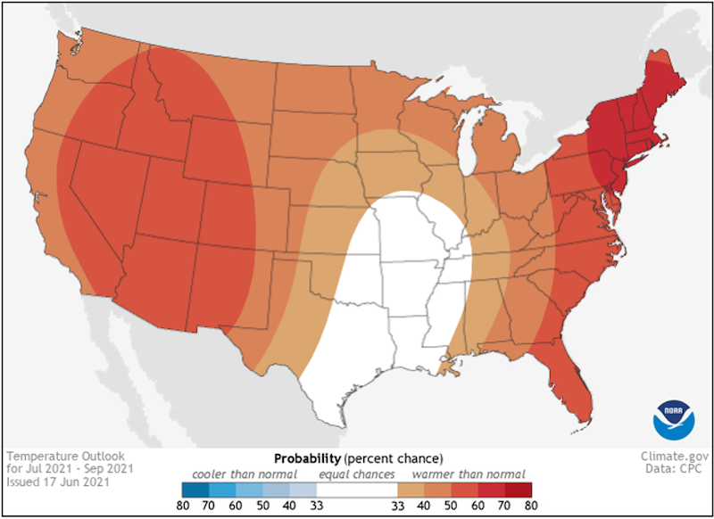 Climate Prediction Center 3-month temperature outlook, showing the probability of above, near, or below normal temperatures from July to September 2021. Odds favor above-normal temperatures across the Southeast.