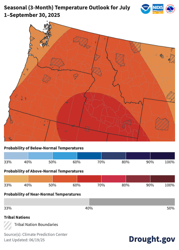 Odds favor above-normal temperatures for the Pacific Northwest in July–September 2025..