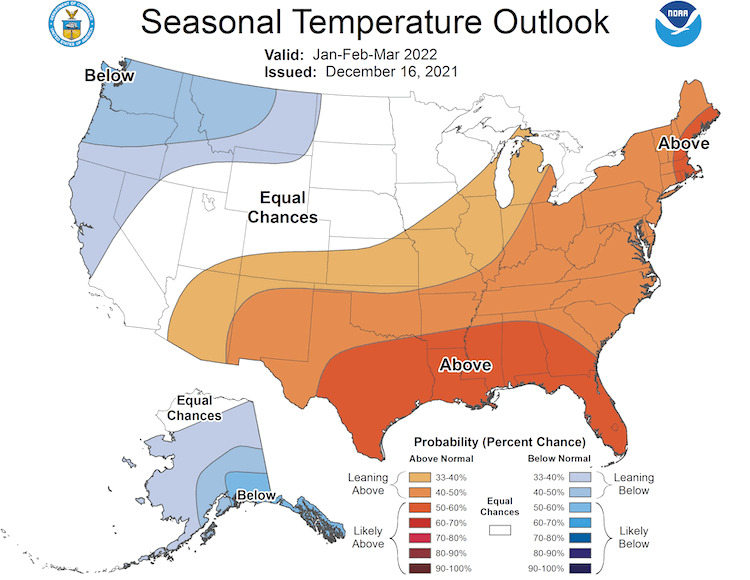 Climate Prediction Center 3-month temperature outlook, showing the probability of exceeding the median temperature from January to March 2022. Odds favor above normal temperatures for the southern US, including New Mexico and parts of Arizona. 