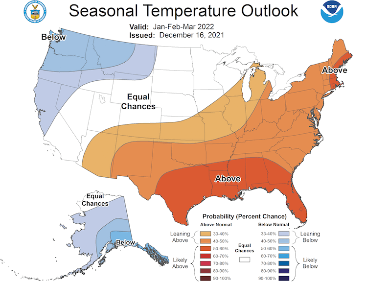 Climate Prediction Center 3-month temperature outlook, showing the probability of exceeding the median temperature from January to March 2022. Odds favor above normal temperatures for the southern US, including New Mexico and parts of Arizona.