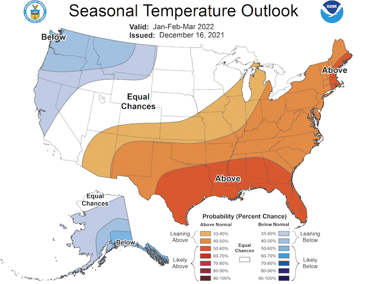 Climate Prediction Center 3-month temperature outlook, valid for January to March 2022. Odds favor below-normal temperatures for parts of northern California and Nevada, with equal chances elsewhere.