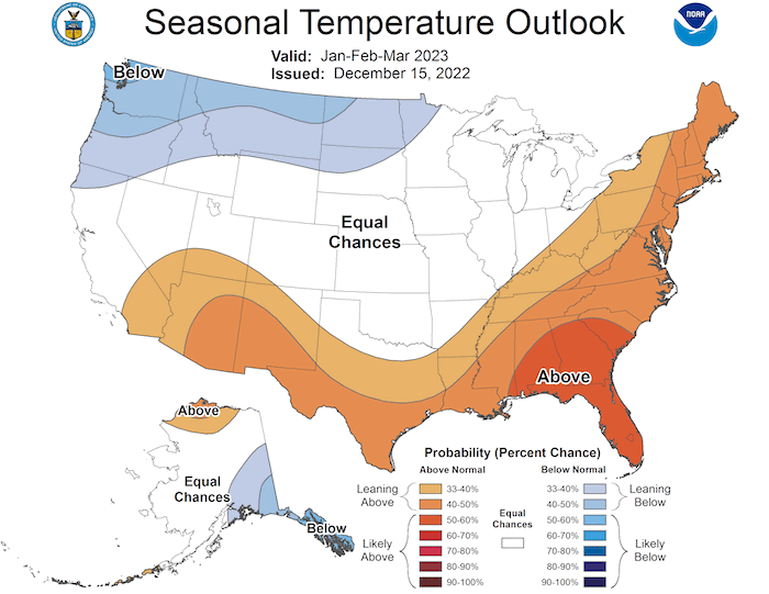 From January to March 2023, odds slightly favor above-normal temperatures in southern California and Nevada, and below-normal temperatures in far-northern California along the Oregon border.
