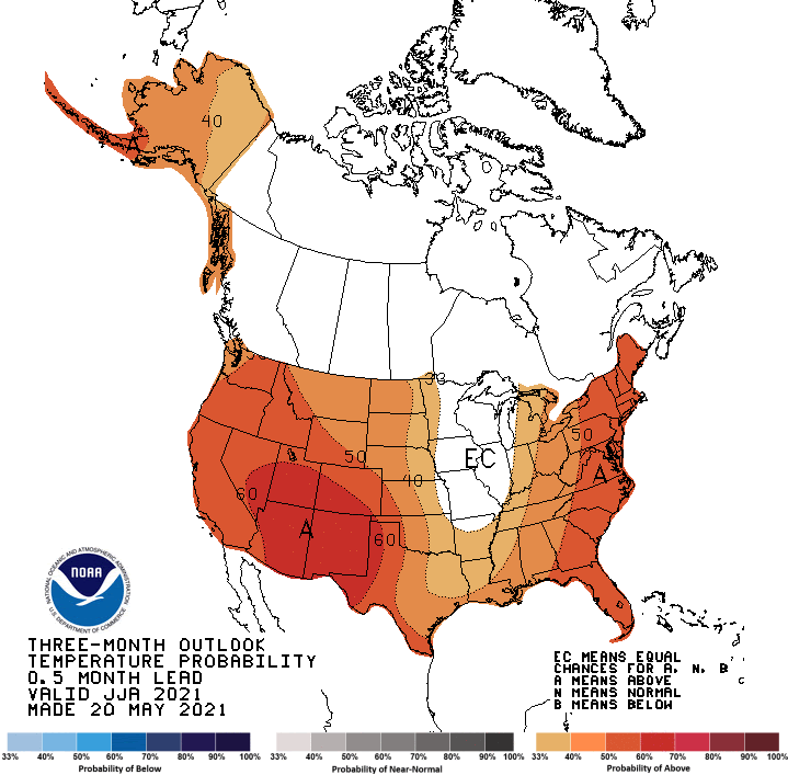 Climate Prediction Center 3-month temperature outlook, valid for June to August 2021. Odds favor above normal temperatures for most of the U.S.