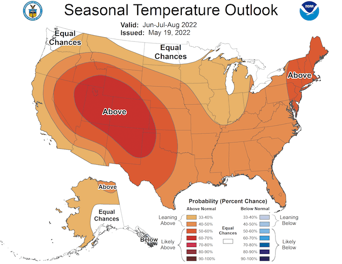 Climate Prediction Center 3-month temperature outlook, valid for June–August 2022. Odds favor above normal temperatures for the Southern Plains states.