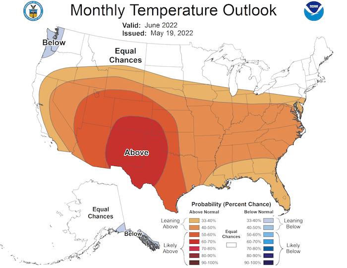 The monthly outlook for June 2022 shows an increased probability of above-normal temperatures across the Southern Plains.