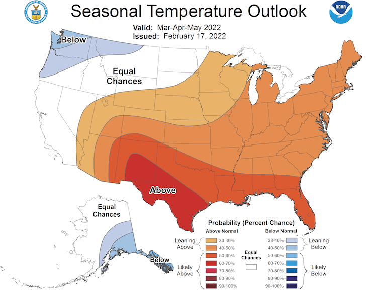 Climate Prediction Center 3-month temperature outlook, valid for March-May 2022.