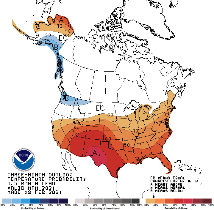 Climate Prediction Center temperature outlook for March to May 2021. Odds favor above-normal temperature for most of California and Nevada, except Northern California and Northwestern Nevada.