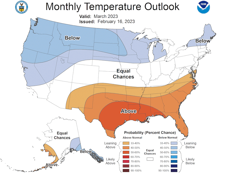 In March 2023, odds favor below-normal temperatures in all but the southernmost parts of California and Nevada.