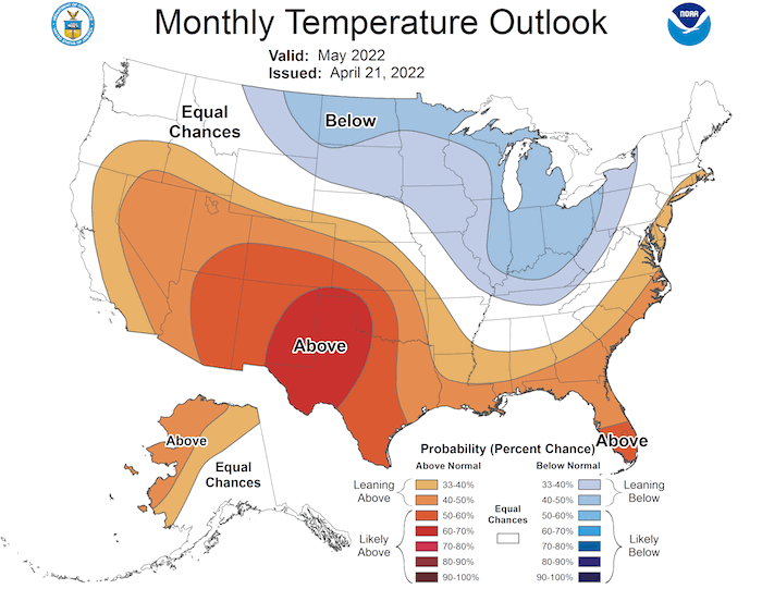 Climate Predication Center 1-month temperature outlook for May 2022. Odds favor above normal temperatures for the Southern Plains states.