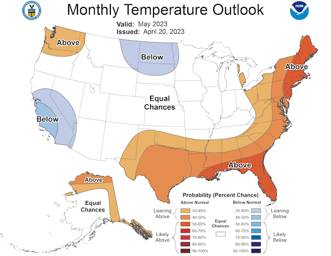 In May 2023, odds favor below-normal temperatures in all but northern California, as well as in southwestern Nevada.