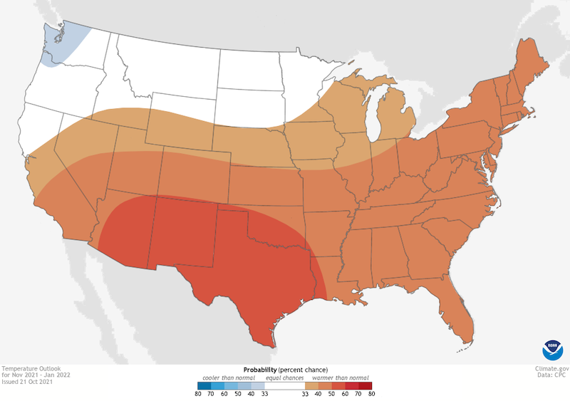 Climate Prediction Center 3-month temperature outlook, valid for November 2021 to January 2022. Odds favor above-normal temperatures across the Southeast,.