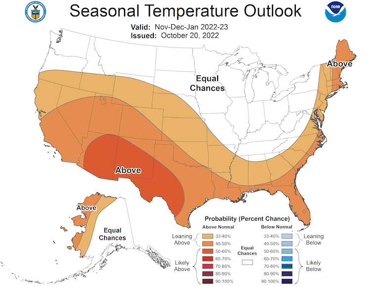 For November to December 2022, odds favor above-normal temperatures across the Southern Plains.