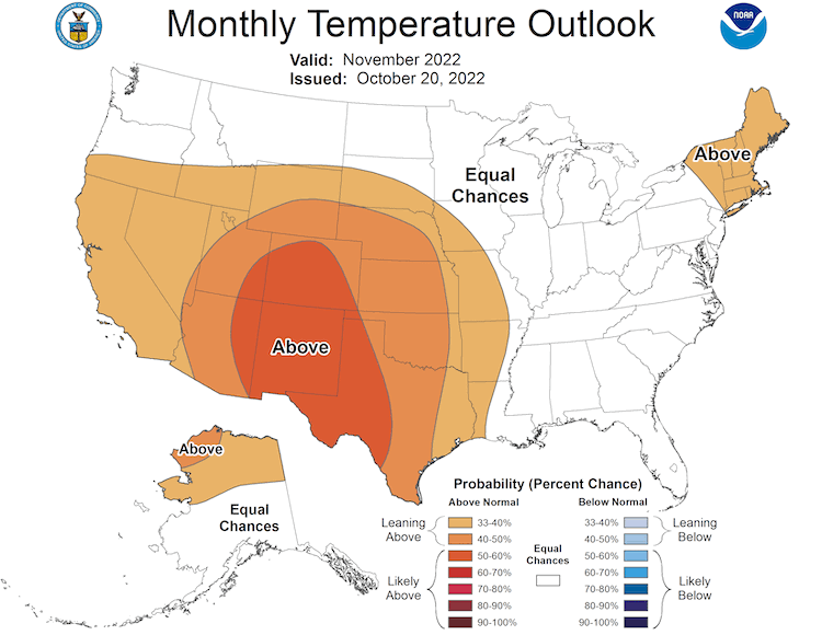 The November 2022 temperature outlook favors above-normal temperatures across the Central Plains into Missouri and South Dakota, with equal chances elsewhere.