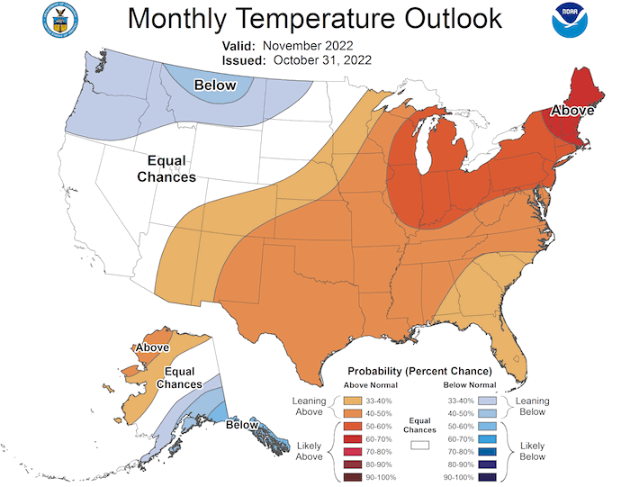 The monthly outlook for November 2022 shows an increased probability of  above normal temperatures for the eastern parts of the Intermountain West.