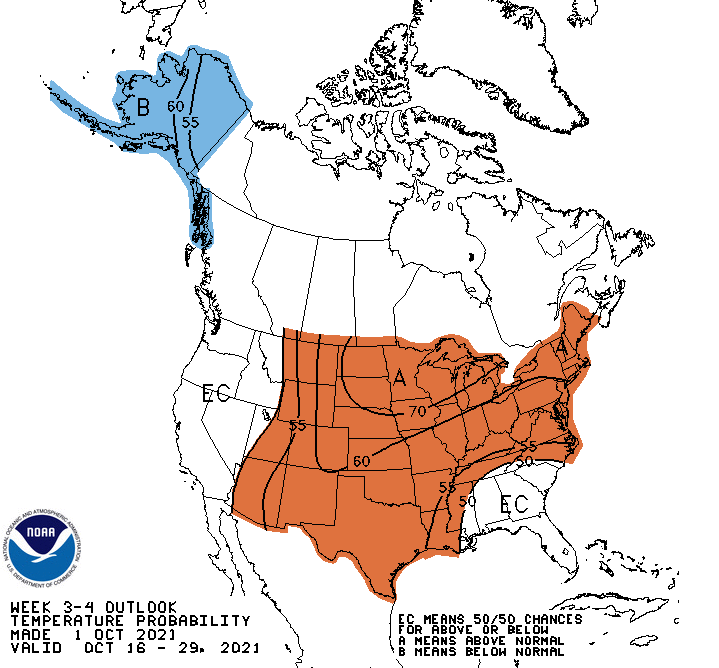Climate Prediction Center week 3-4 temperature outlook for the U.S., from October 16-29, 2021.