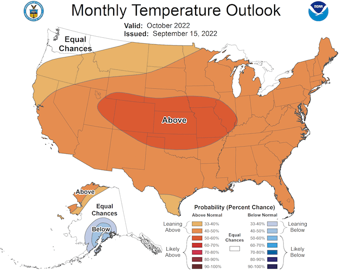 The monthly outlook for October 2022 shows an increased probability of above-normal temperatures across the Southern Plains.