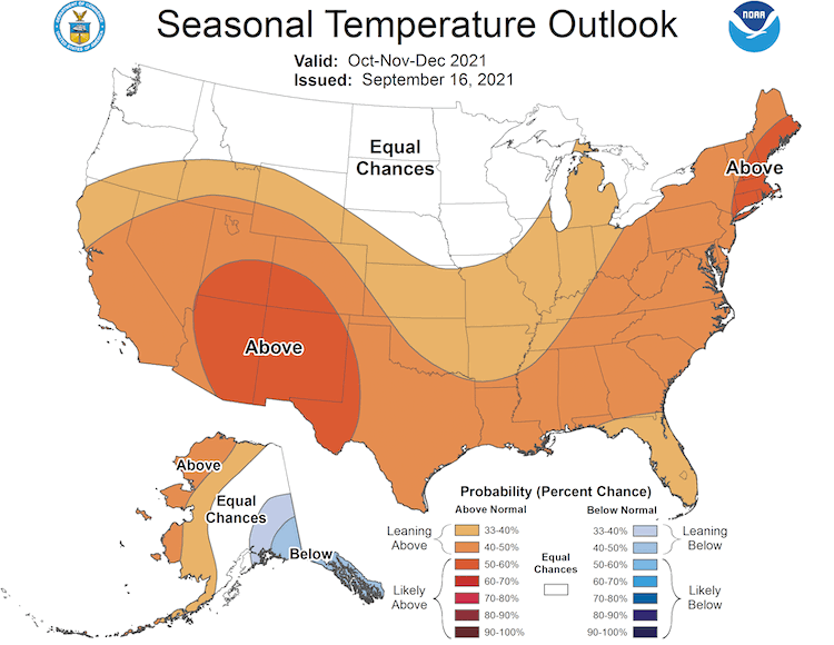 Climate Prediction Center 3-month temperature outlook, valid for October to December 2021. Odds favor above-normal temperatures across California and Nevada during this period.