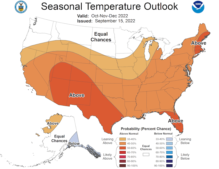 For October to December 2022, odds favor above-normal temperatures across the Southern Plains.