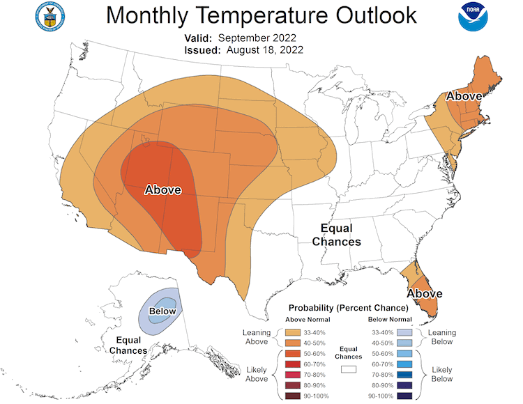 The monthly outlook for September 2022 shows an increased probability of above-normal temperatures across the Intermountain West.
