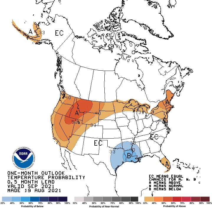 Month showing the probability of exceeding the median temperature for the month of September 2021. Odds favor above normal temperatures for most of Utah, Wyoming, and western Arizona.