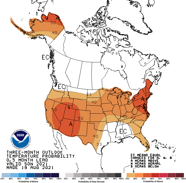 Map showing the probability of exceeding the median temperature for the months of September, October, and November 2021.  Odds favor above normal temperatures for all of the Intermountain West Region.