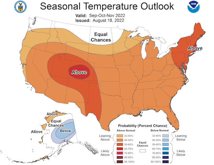 Climate Prediction Center 3-month temperature outlook, valid for September–November 2022. Odds favor above normal temperatures for the Southern Plains with highest odds over Western Texas and eastern New Mexico.