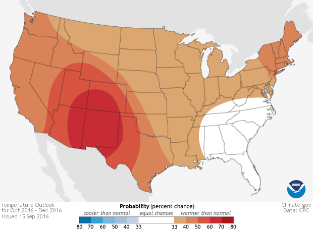 Climate Prediction Center 3-month temperature outlook, valid for August to October 2021. Odds favor above-normal temperatures across much of the Southeast.