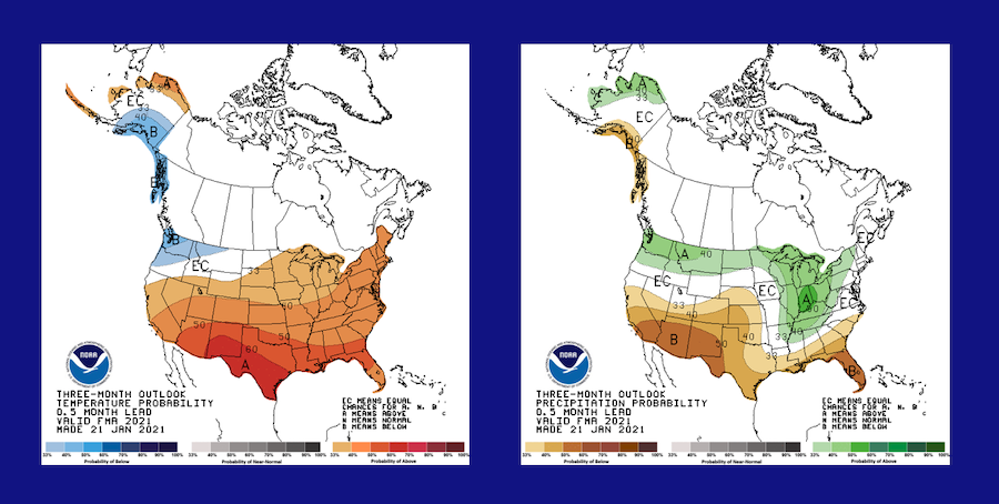 NOAA's 3-month Seasonal Outlook for Temperature (left image) and Precipitation (right image), predicting whether conditions will be above- or below- normal from February to April 2021. Favors above-normal temperatures and below-normal rainfall for the Southeast.