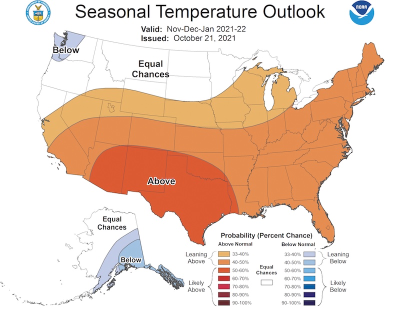 Climate Prediction Center 3-month temperature outlook, showing the probability of exceeding the median temperature for the months of November 2021 through January 2022. Odds favor above normal temperatures for most of the Intermountain West Region.