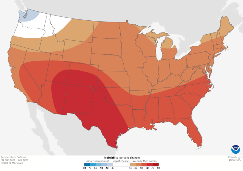 Climate Prediction Center 3-month temperature outlook, valid for April to June 2021. Odds favor above-normal temperatures across the Southeast.